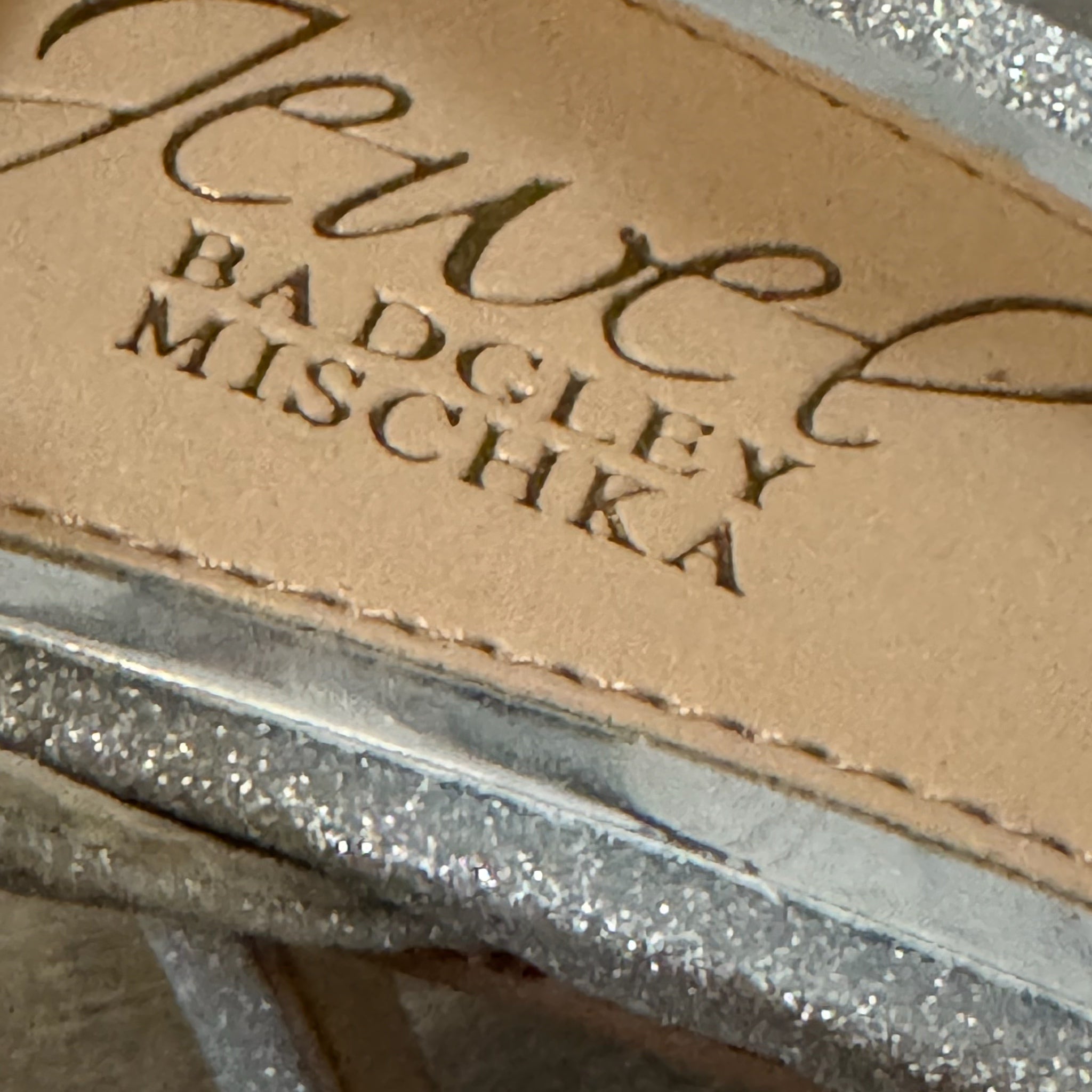 Jewel Badgley Mischka Silver Glitter Ankle Strap Heels Crystal Bow Womens Sz 6.5