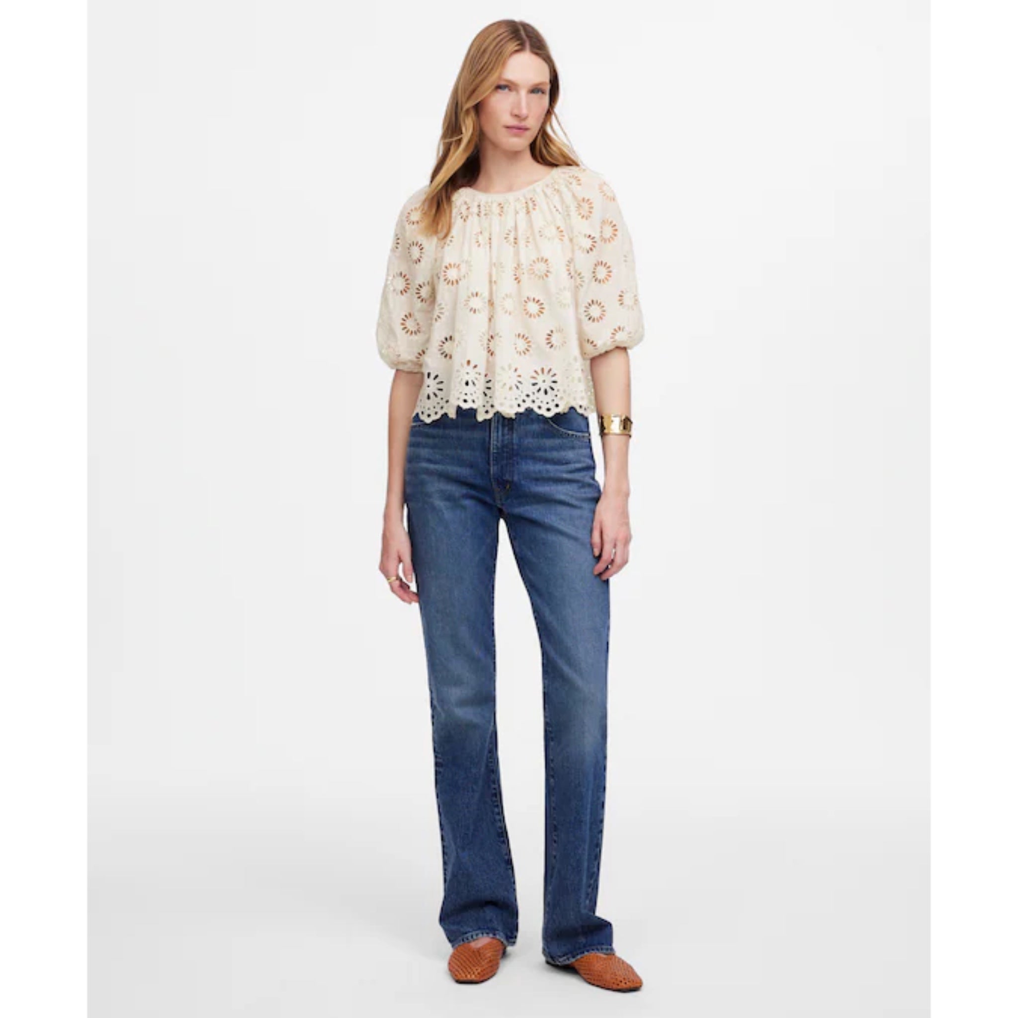 Madewell Boho Cottage Eyelet Floral Puff Sleeve Ivory Blouse Sz M Top MSRP $129