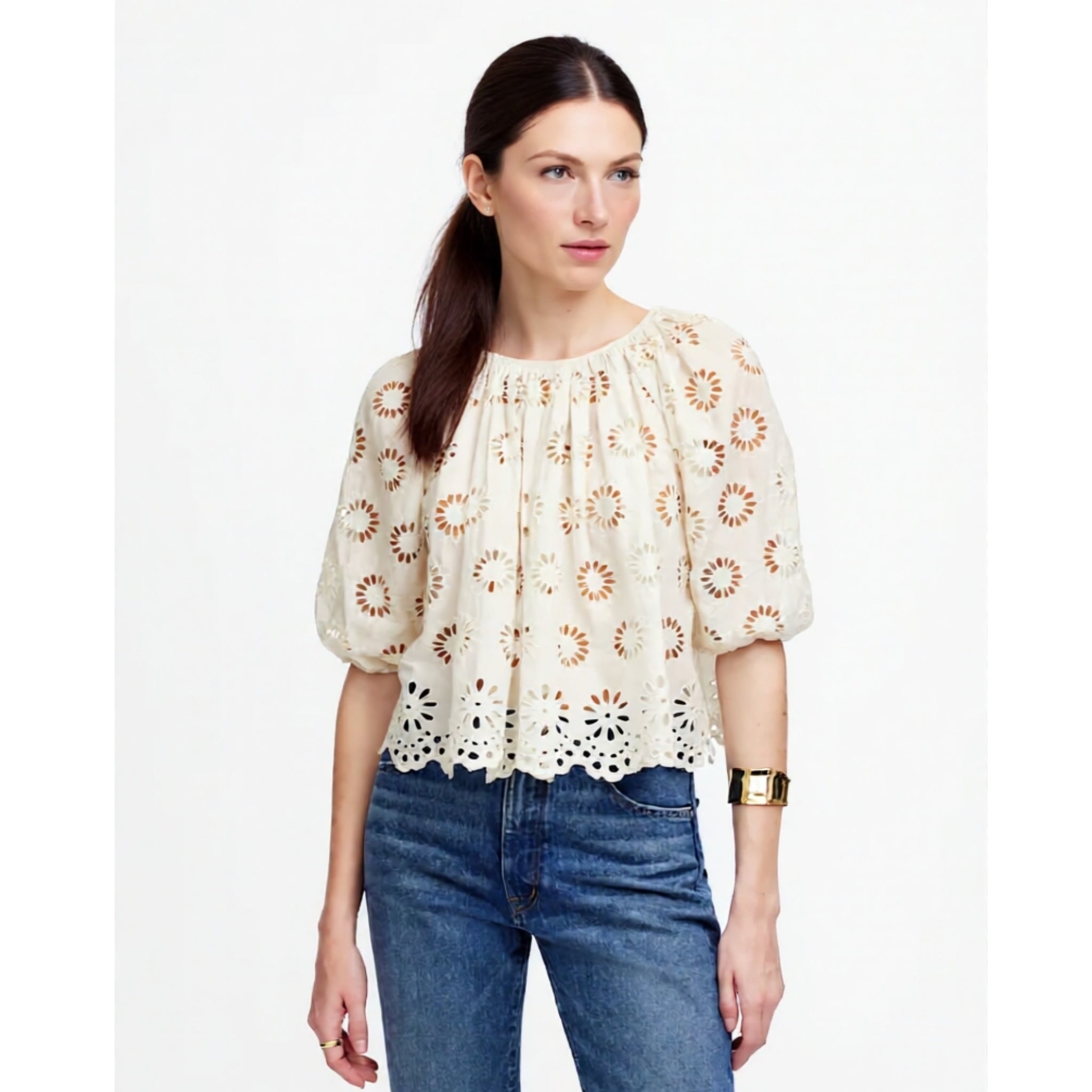 Madewell Boho Cottage Eyelet Floral Puff Sleeve Ivory Blouse Sz M Top MSRP $129