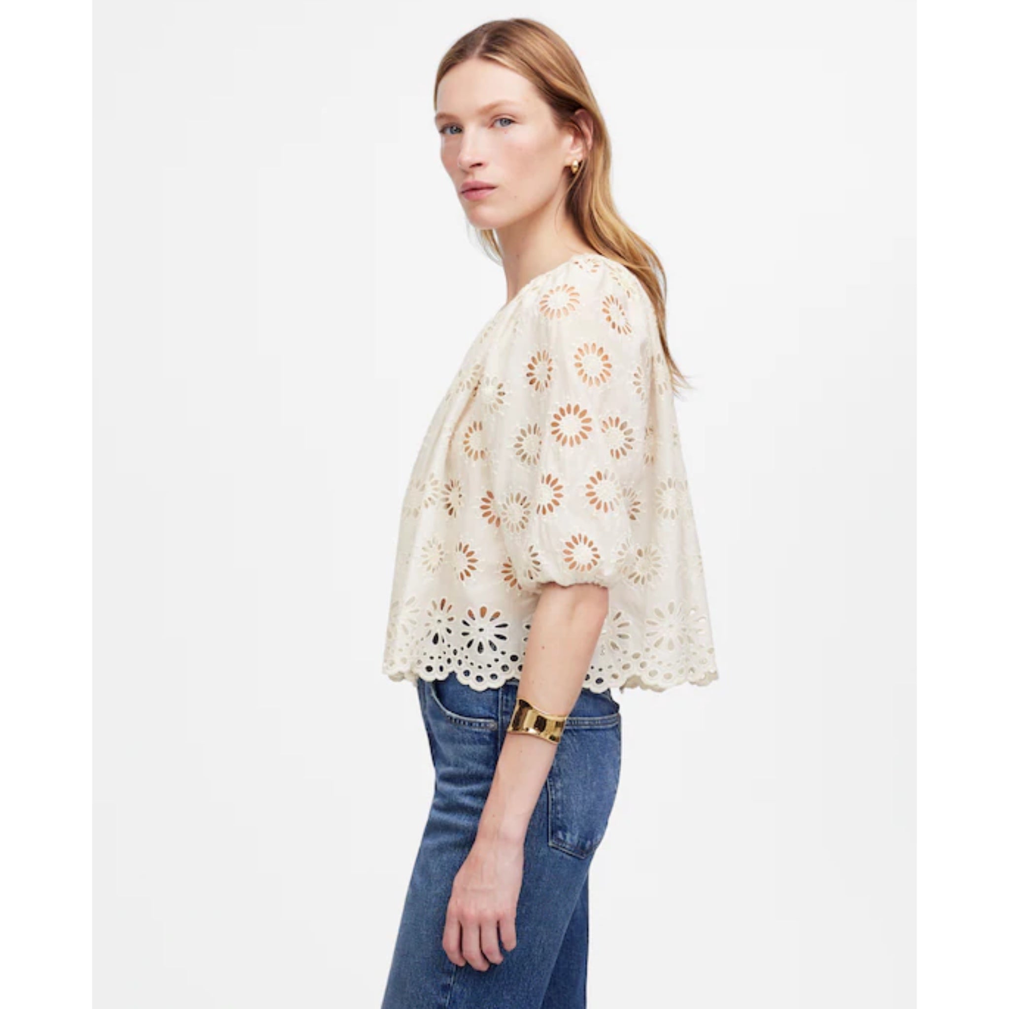Madewell Boho Cottage Eyelet Floral Puff Sleeve Ivory Blouse Sz M Top MSRP $129