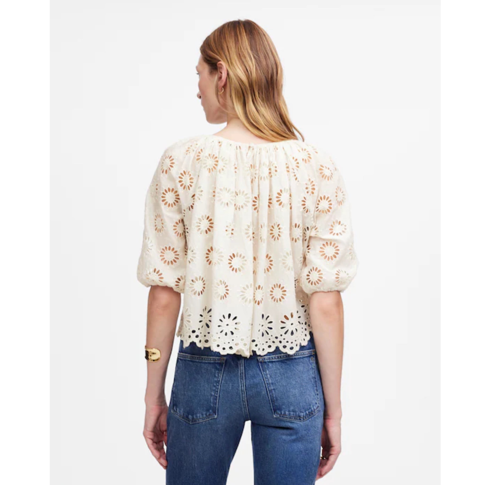 Madewell Boho Cottage Eyelet Floral Puff Sleeve Ivory Blouse Sz M Top MSRP $129
