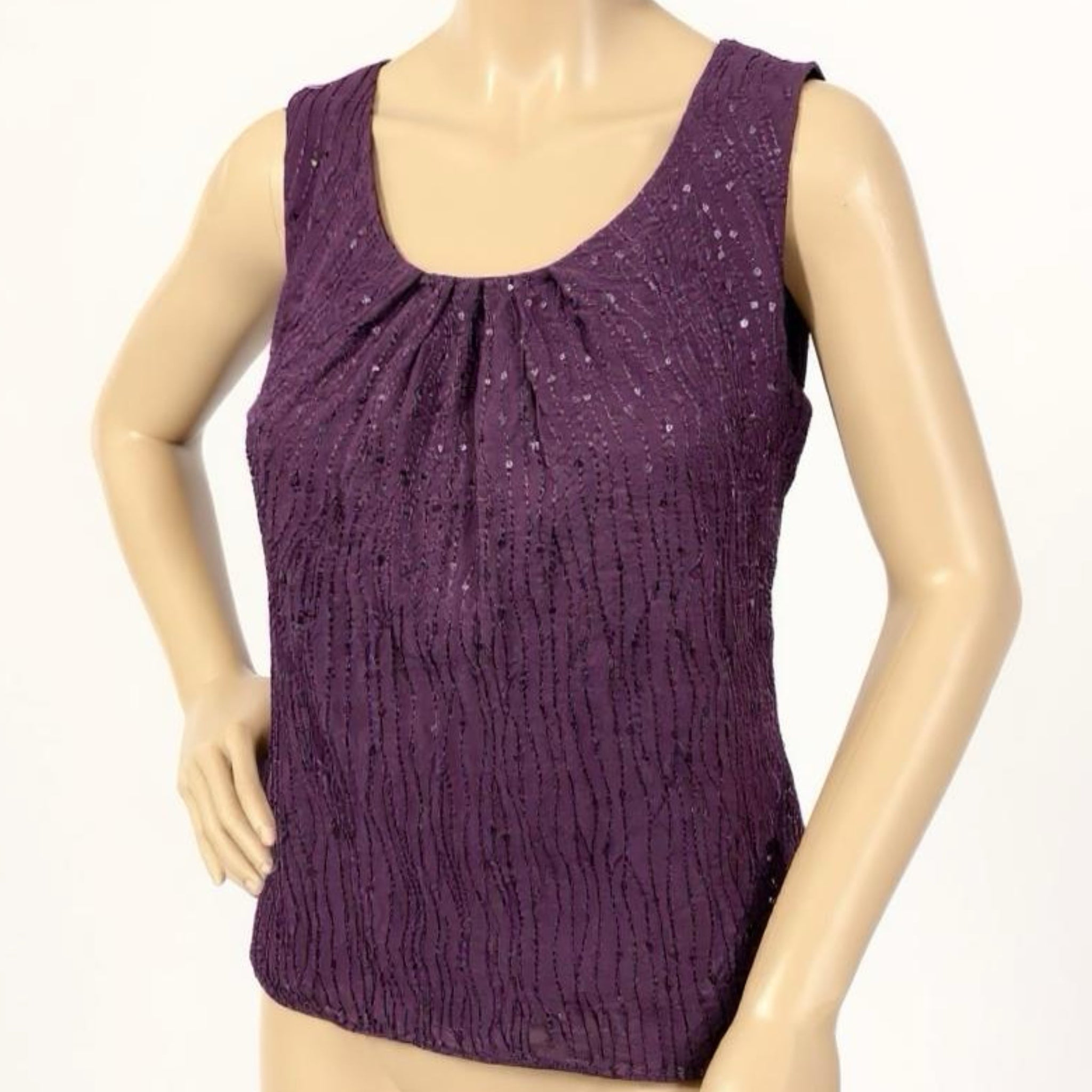 Talbots 100% Silk Sleeveless Blouse Embroidery Sequins Plum Purple Sz 6