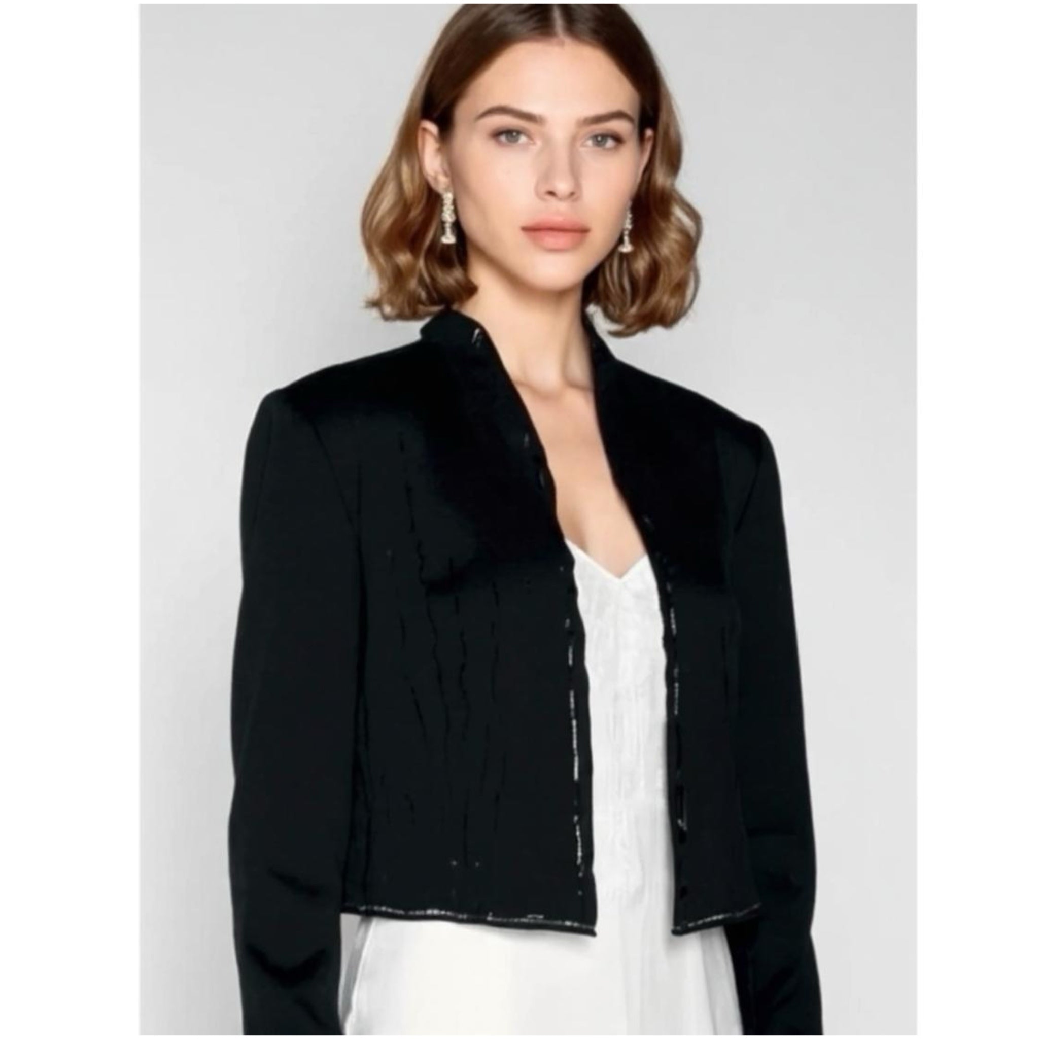 EILEEN FISHER 100% Silk Open Front Sheer BlouseBlack Sequin Trim Elegant Crop XS